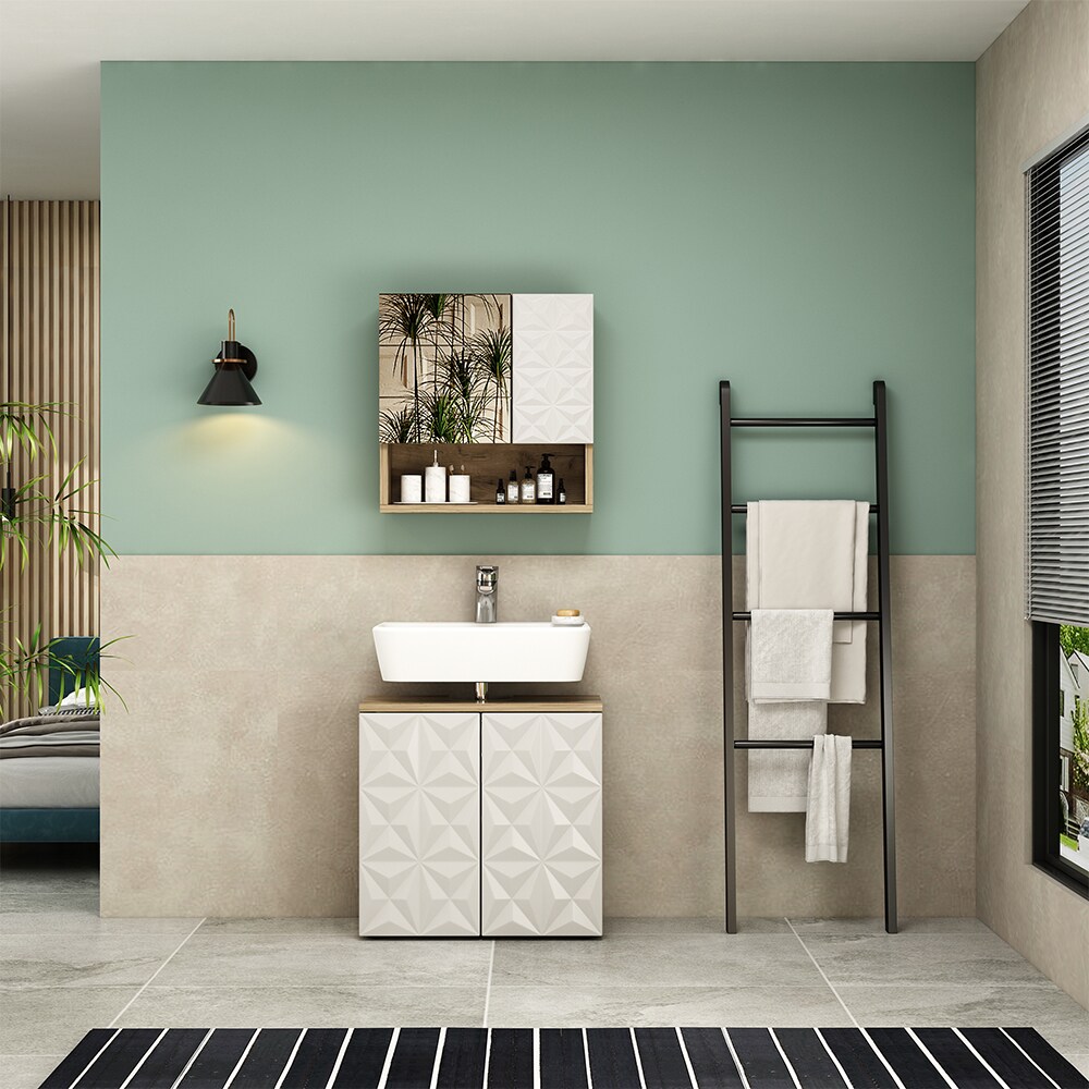 Vicco Badmöbel-Set Badezimmer-Möbel Bad-Schrank Edge Eiche Weiß modern Badezimmerschrank Waschbeckenunterschrank Spiegelschrank Badezimmerkommode