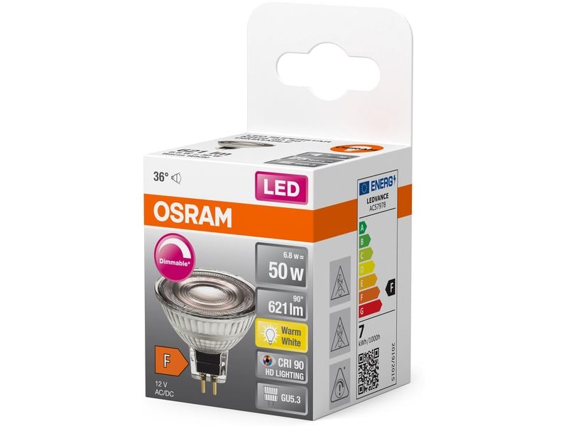 OSRAM Lampe LED Superstar MR16 12V 6.8W DIM 36° GU5.3 Warmw Dimmbare Niedervolt-LED-Reflektorlampe MR16 mit Retrofit-Stecksockel