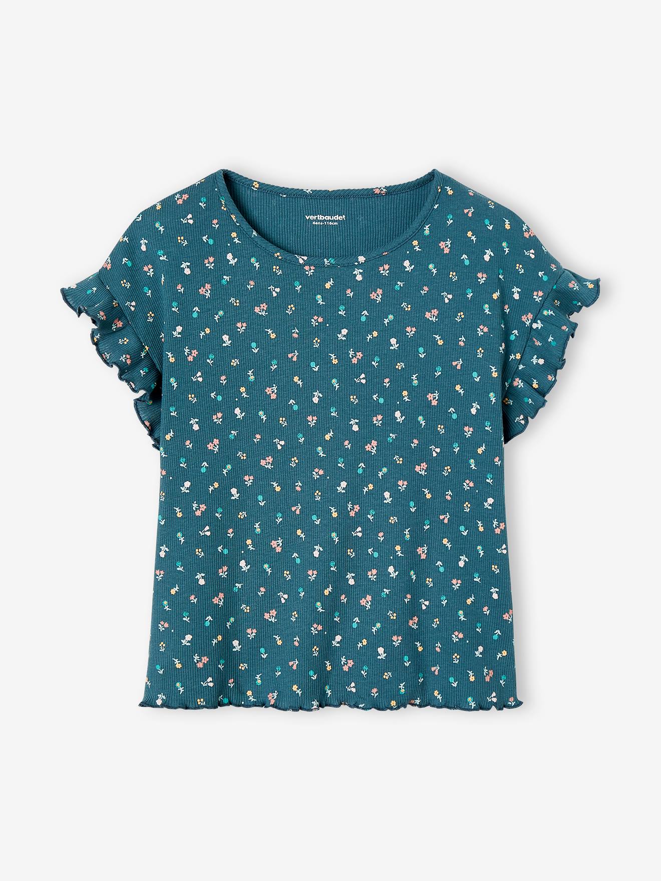 Camiseta canelada com estampa floral para meninas, cor cru