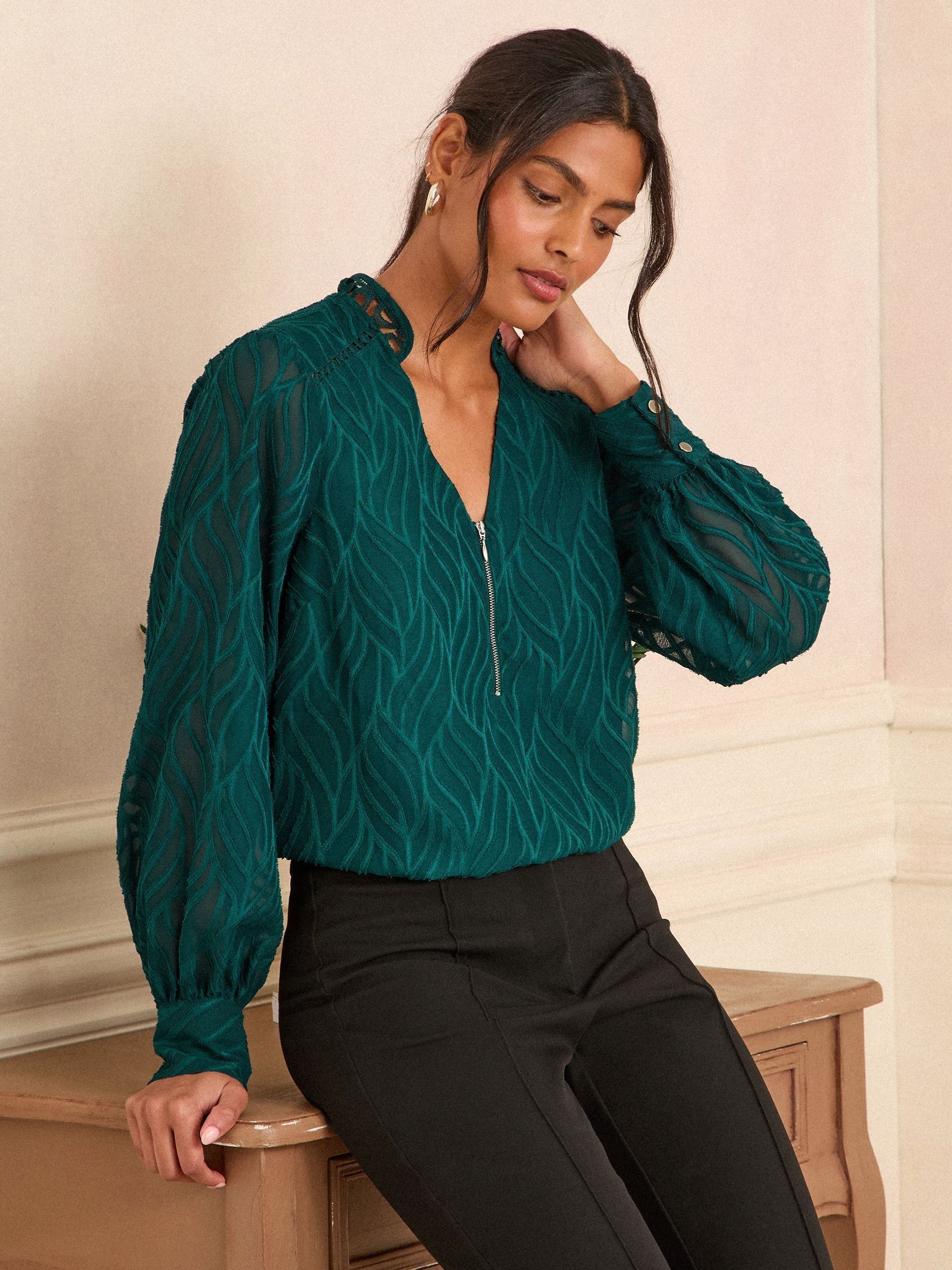 Teal Blue Burnout - Love & Roses - Blouse met lange mouwen en rits aan de voorkant