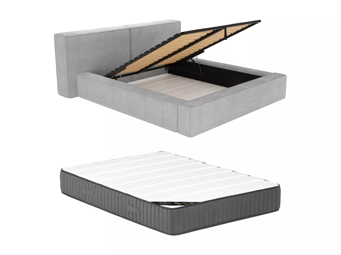 Lit coffre 180 x 200 cm - Velours côtelé - Gris clair + Matelas - TIMANO de Pascal Morabito