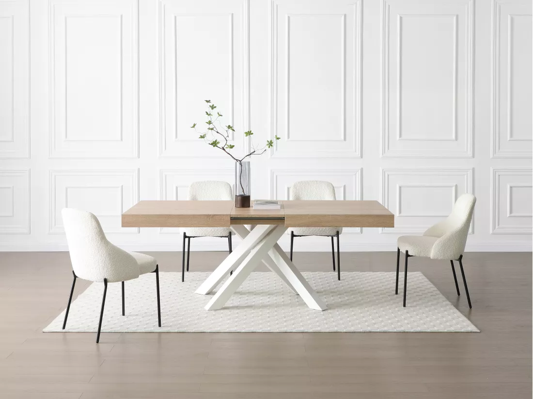 Table à manger extensible 6 à 10 personnes en MDF et métal - Naturel et blanc - CATONAV