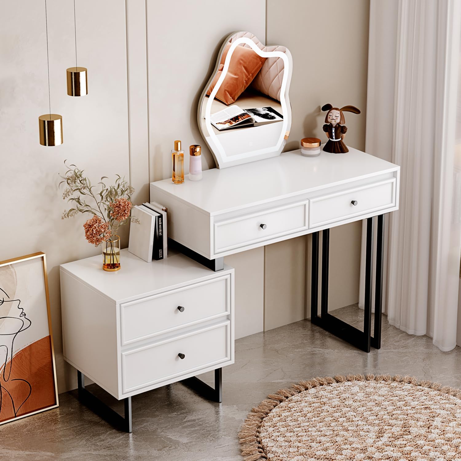 Cômoda leejdn com espelho regulável com tela sensível ao toque de 3 cores, penteadeira moderna para maquiagem com armários ajustáveis e 4 gavetas deslizantes, ideal para lavabo e quarto.