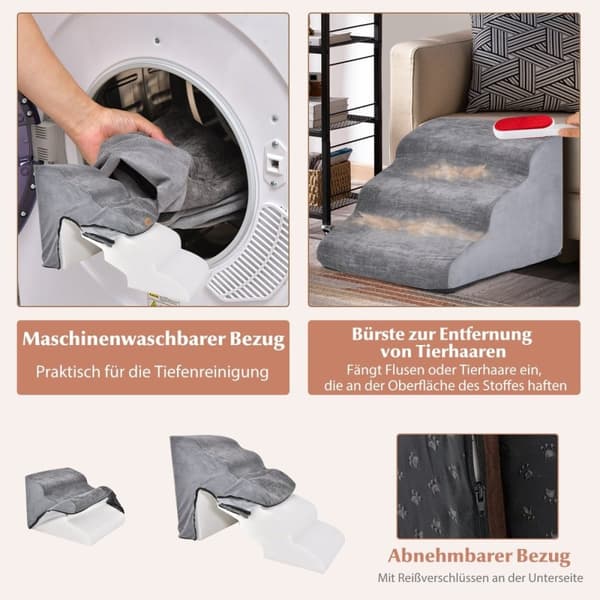 5- og 3-trinns hundetrapp med Chenille-stoffoverflate og kjæledyrhårbørste sklisikre grå