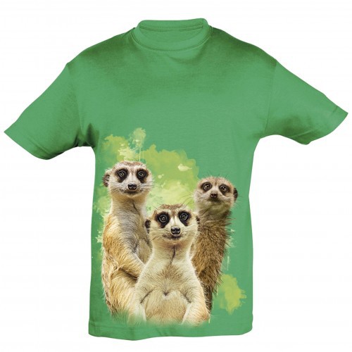 Camiseta infantil Ralf Nature com estampa de suricatas, verde.