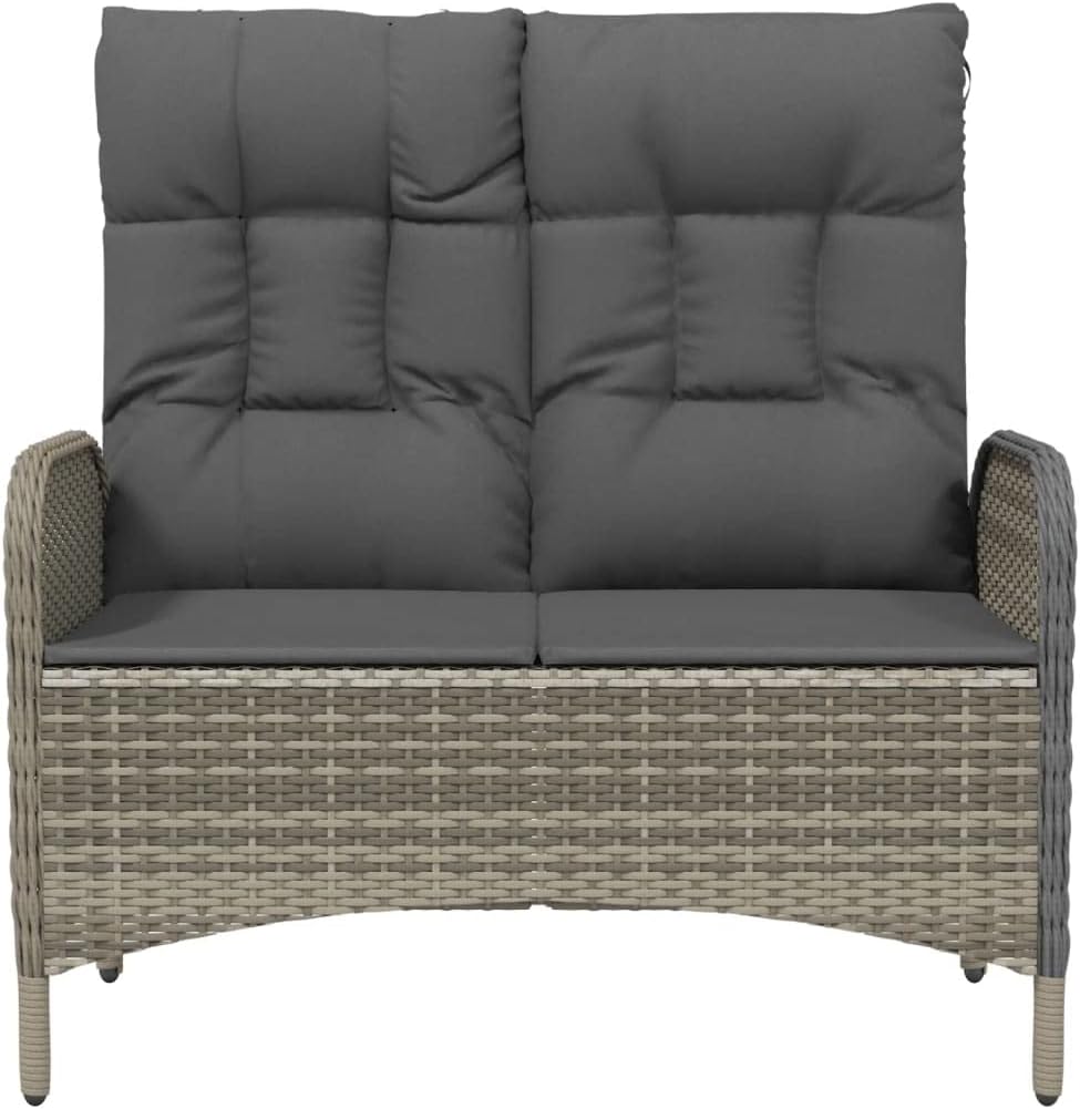 vidaXL Gartenbank, Sitzbank mit Liegefunktion Kissen, Parkbank Verstellbare Rückenlehne Stahlrahmen, Gartenmöbel Bank, 107cm Poly Rattan Grau