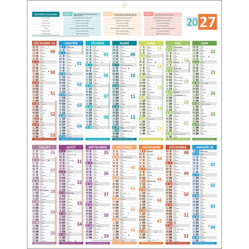 Calendrier annuel mural 2027 - carte France - 55 x 43 cm