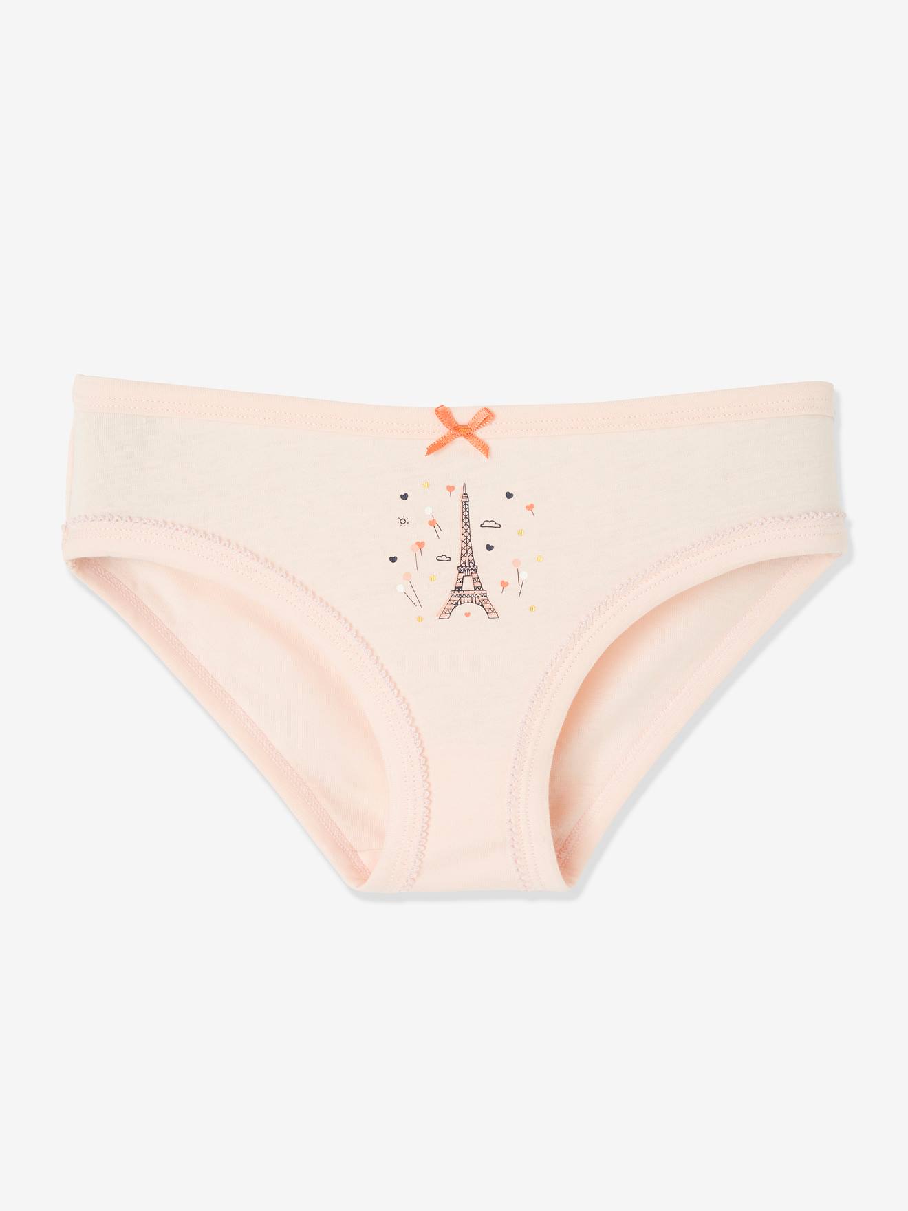 Pacote com 5 calcinhas fantasia para meninas, brancas lisas com estampas.