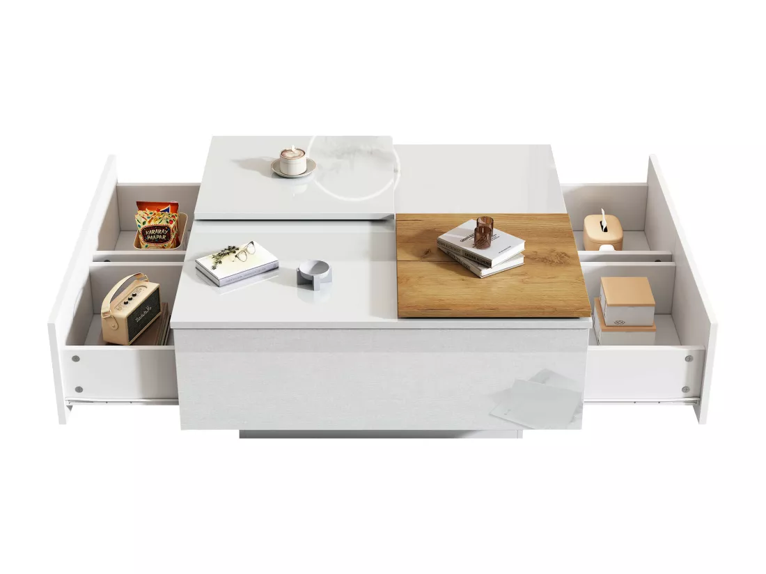 Table basse carrée moderne en bois blanc laqué 75x75x33,5 cm avec plateau mobile, capacité de charge jusqu'à 30 kg, 4 tiroirs