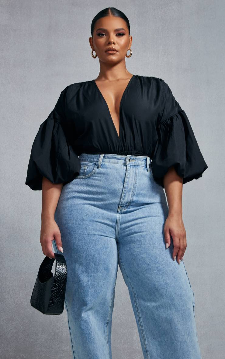 Noir Body Grande Taille À Manches Bouffantes