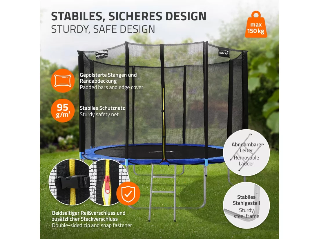 Hauki Trampoline Outdoor, Ø366 cm, bleu, certifié GS, trampoline de jardin rond pour enfants jusqu'à 150 kg, set complet avec filet de sécurité, échelle, couverture des bords, barres rembourrées, trampoline stable pour enfants