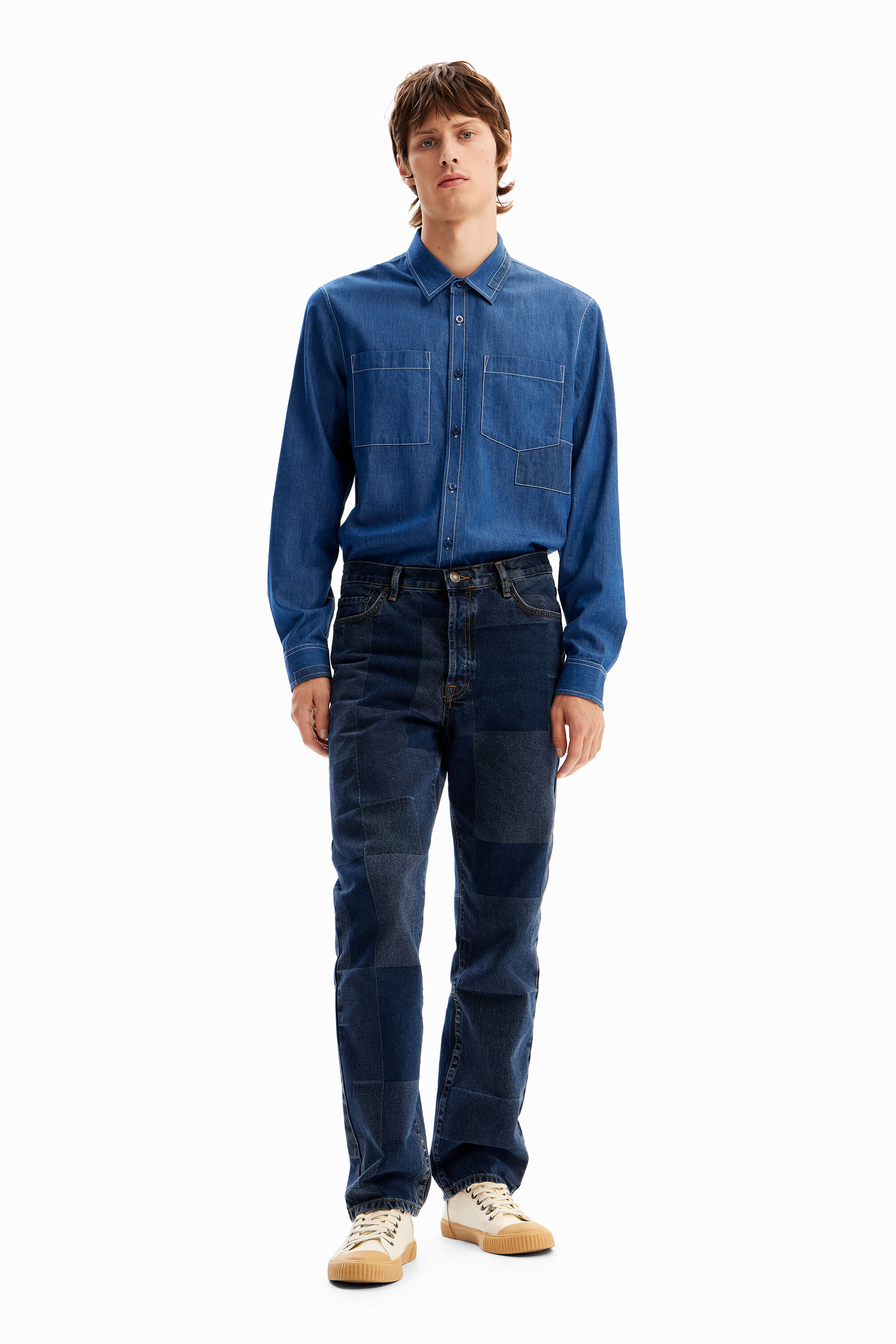 calça jeans xadrez reta