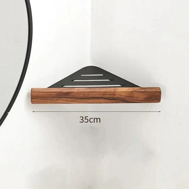 Walnut Wood Wall Mounted Corner Storage Rack (Black/White)| Modern Bathroom Triangle Organizer Shelf Shelves