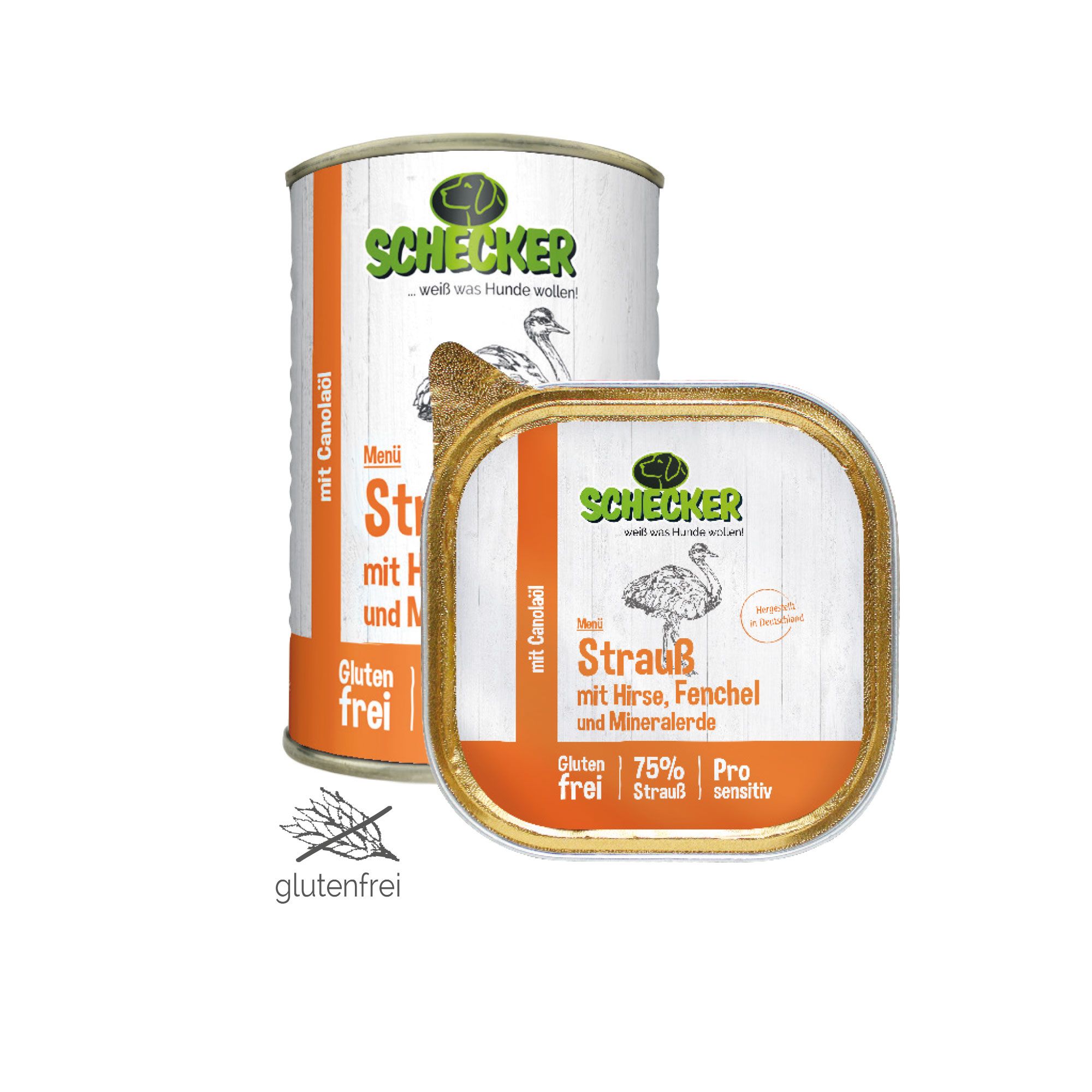 Schecker Hundemenü - 75% Strauß mit Hirse Fenchel und Mineralerde - glutenfrei