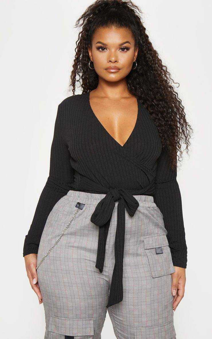 Noir Body Grande Taille Côtelé Avec Nœud À La Taille