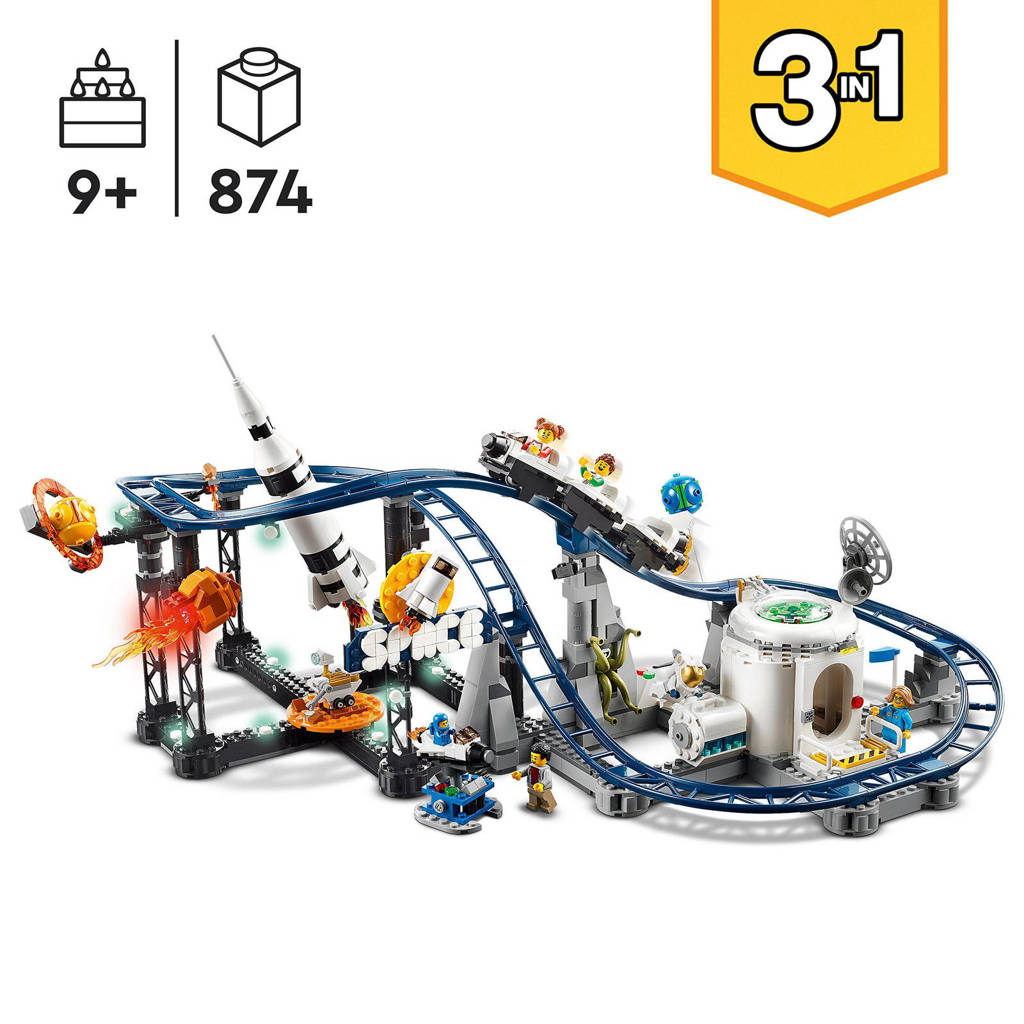 ruimte3-in-1 Ruimteachtbaan Ruimte Set met Rollercoaster, Vrijevaltoren en Draaimolen 31142