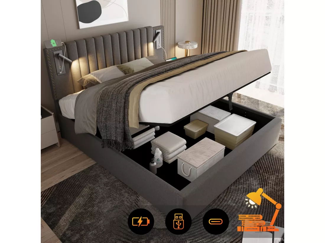 Lit coffre 160 x 200 cm avec tête de lit - Prises USB et lampe de lecture - Tissu en coton - motif rivet - Gris (sans matelas)