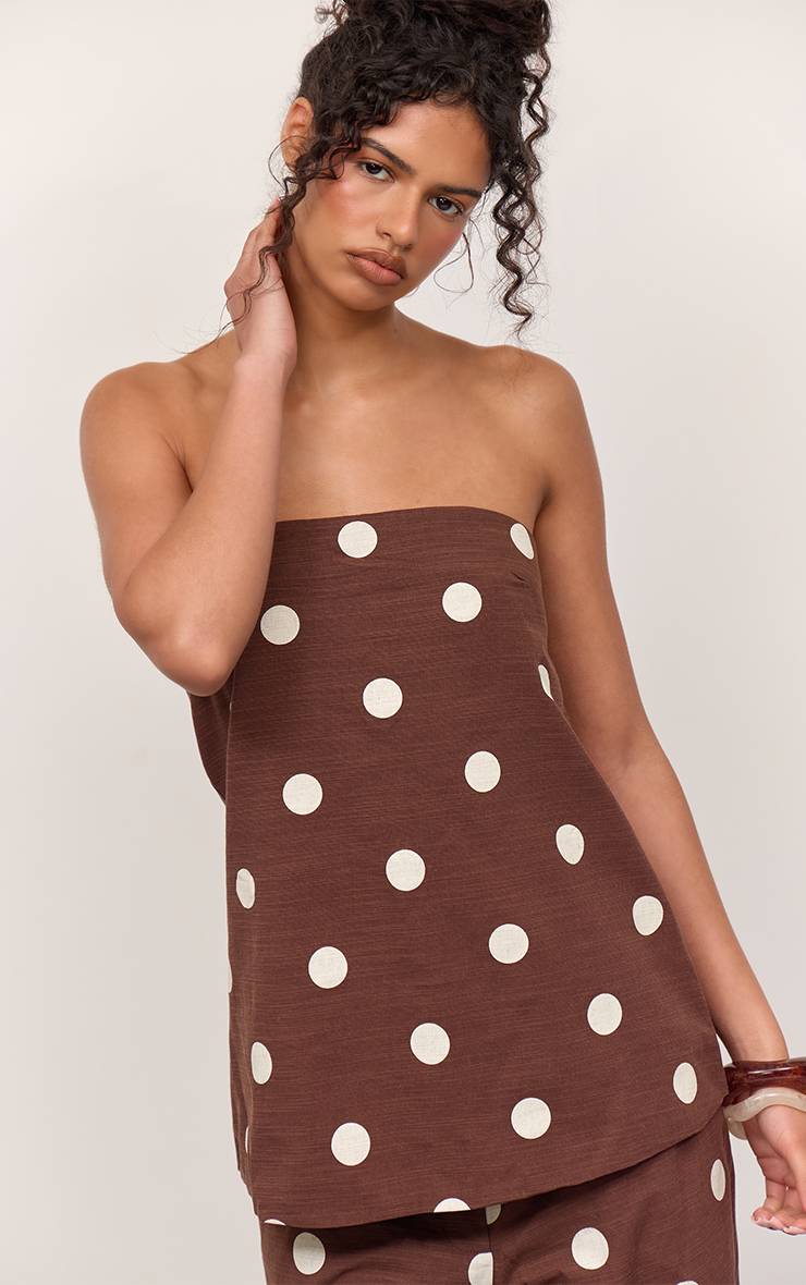 Marron Foncé Haut Bandeau Fluide En Coton À Pois