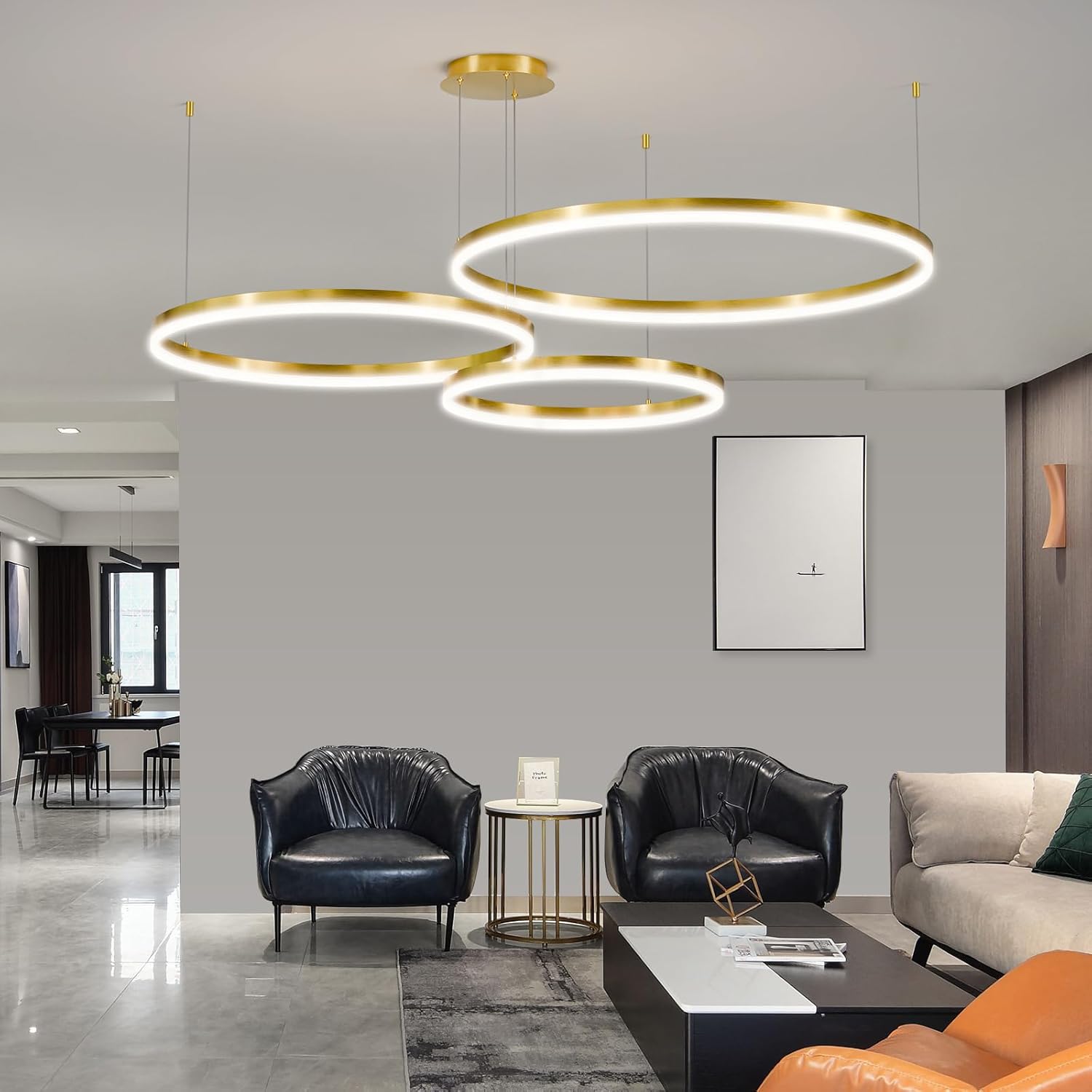 Mikeru Led Pendelleuchte, Gold Wohnzimmerlampe ø40+60+80cm Verstellbare Runde Pendellampe, 85w 3-Ring Kreisförmige Led Hängelampe Mit Memory-Funktion 10%-100% Dimmbarer Kronleuchter Kücheninsel