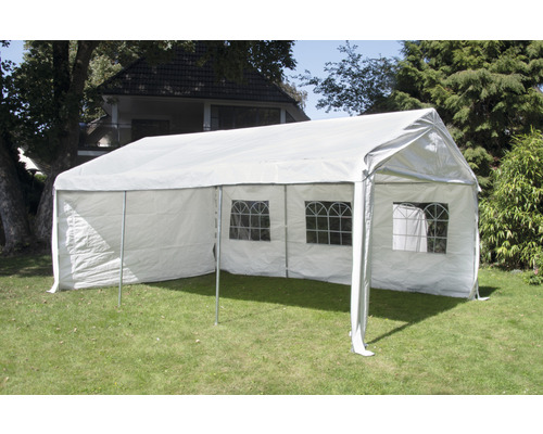 Zijwandset voor tent 400 x 600 cm, wit, bestaande uit 2 zijwanden, elk ca. 595 x 195 cm, en 2 puntgevelzijwanden, elk ca. 395 x 280 cm.
