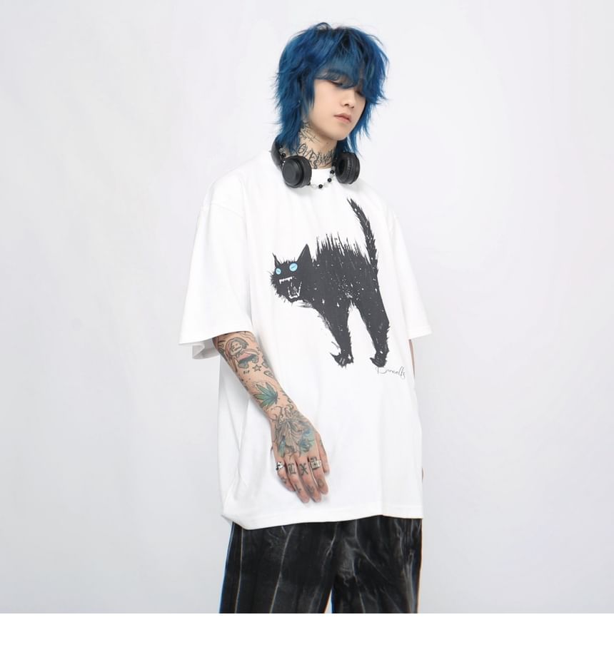 Derbundy - T-shirt met ronde hals en kattenprint, met elleboogmouwen