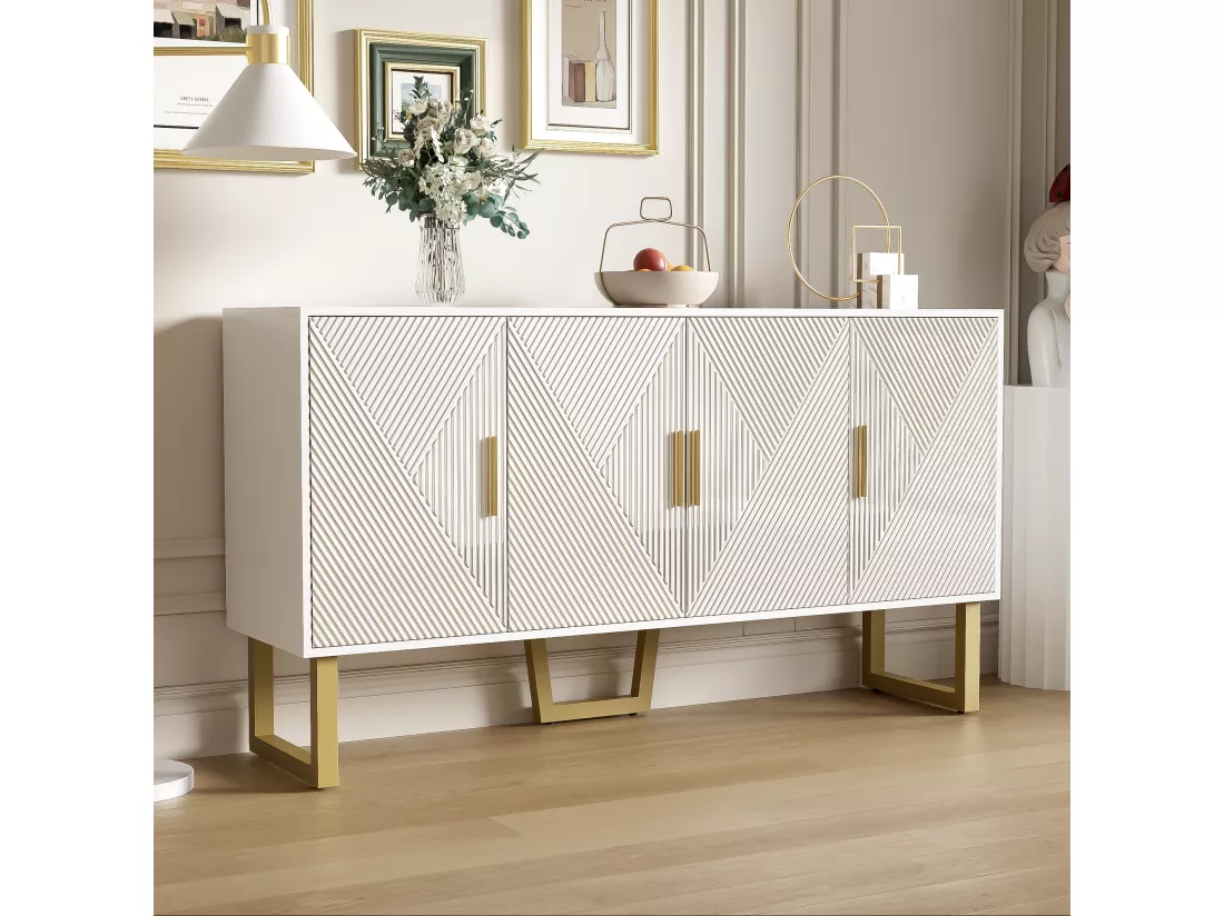 Buffet avec 4 portes - 150 x 40 x 82 cm - MDF, panneaux de particules et métal - Blanc et or