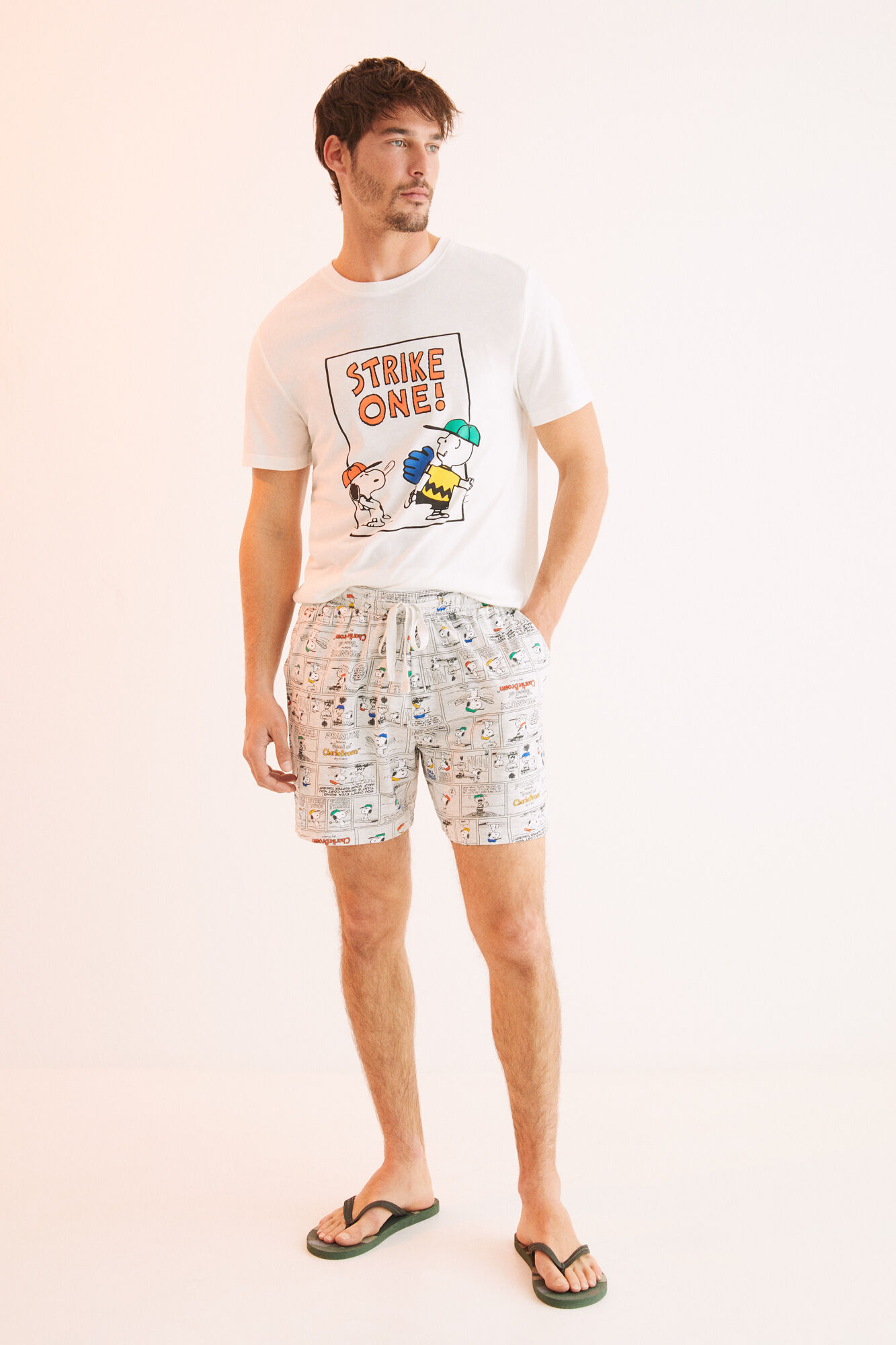 Pijama curto masculino algodón Snoopy - bege