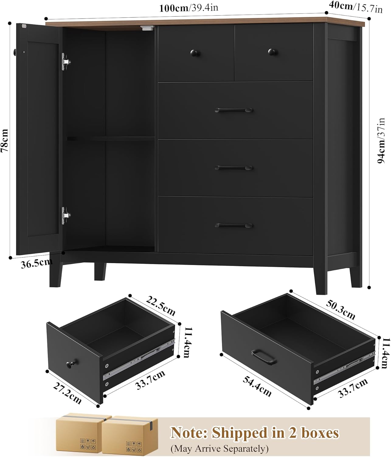 HOCSOK Sideboard, Küchenschrank mit 5 Schubladen und 1 Tür, Buffetschrank mit Arbeitsplatte für Küche, Esszimmer, Wohnzimmer, Flur, Holz, Schwarz & Braun