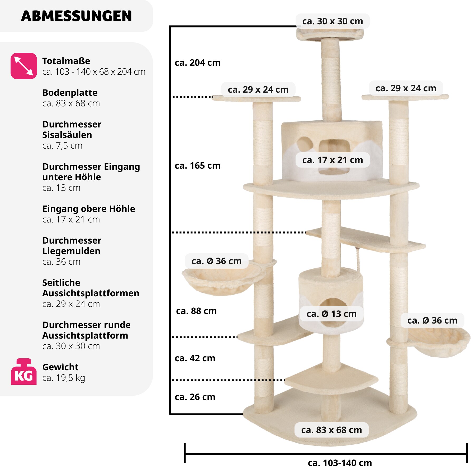 tectake® Kratzbaum, 204 cm, mit 2 Katzenhäusern, inklusive Spielkordel und Kippschutz