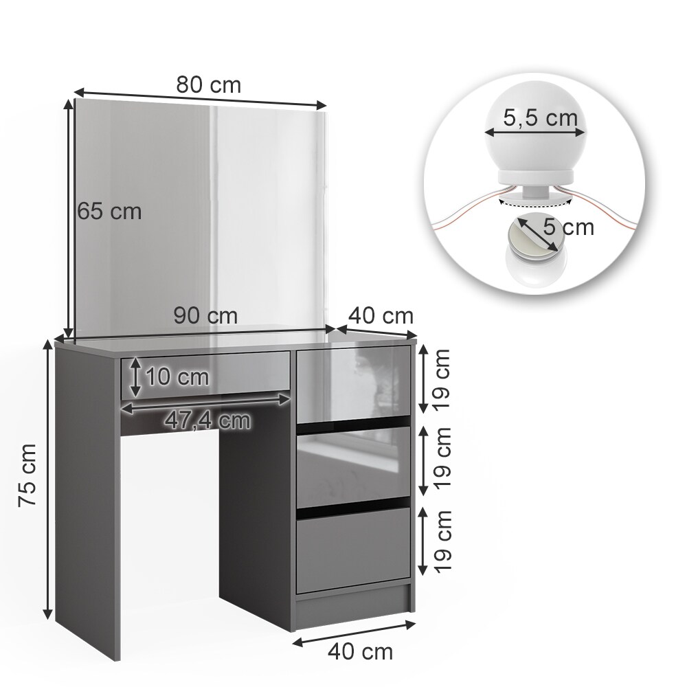 Vicco Schminktisch Sherry Grau Hochglanz, 90 x 75 cm, Spiegel, LED, Frisiertisch