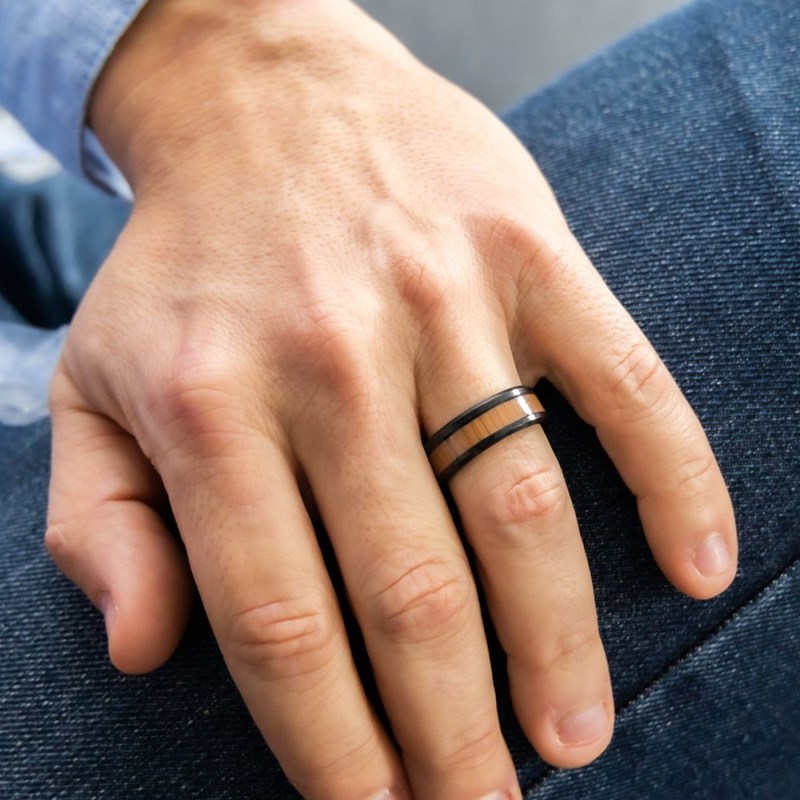 Bague Anneau Homme Acier Noir Bois