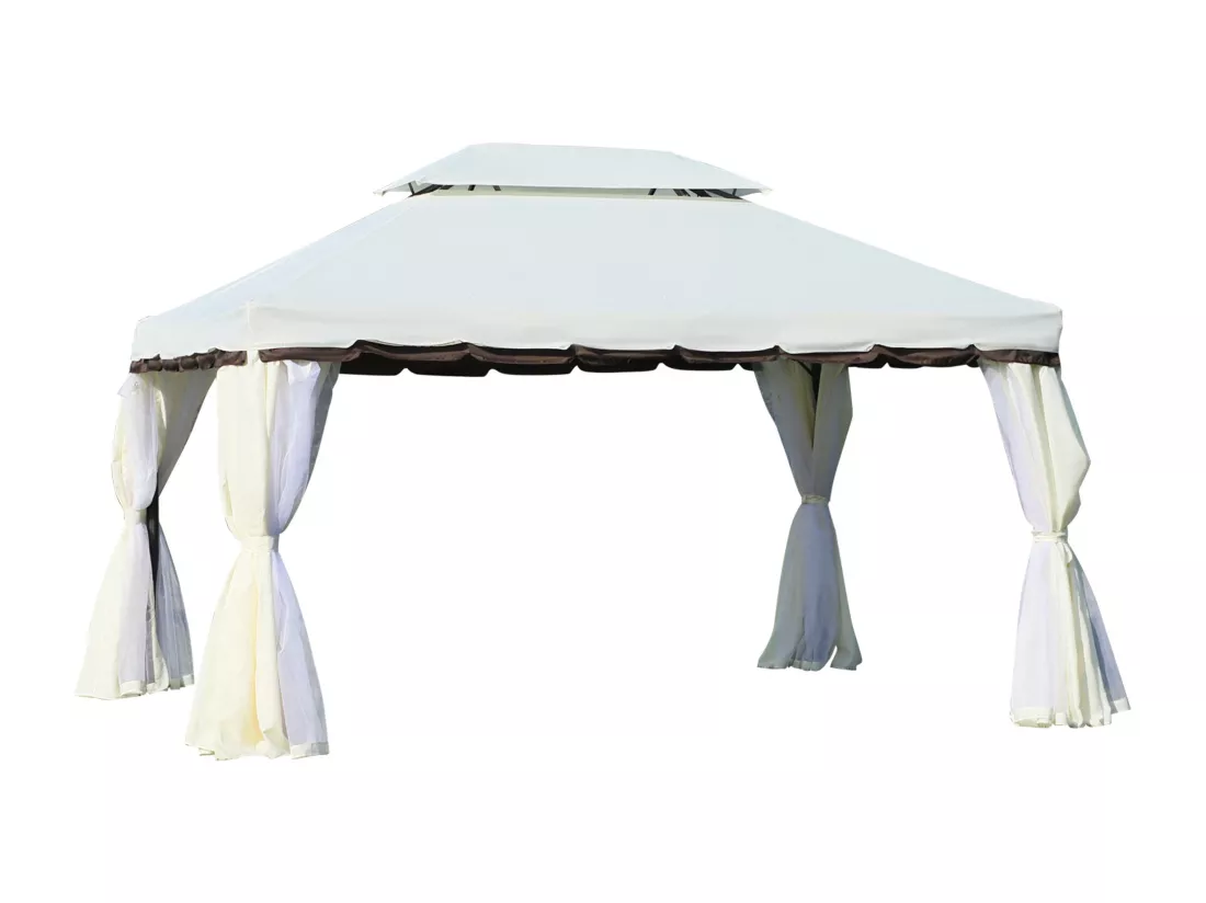 Tonnelle barnum pavillon de jardin style colonial double toit toile moustiquaires et toiles amovibles 3,9L x 2,9l x 2,8H m crème