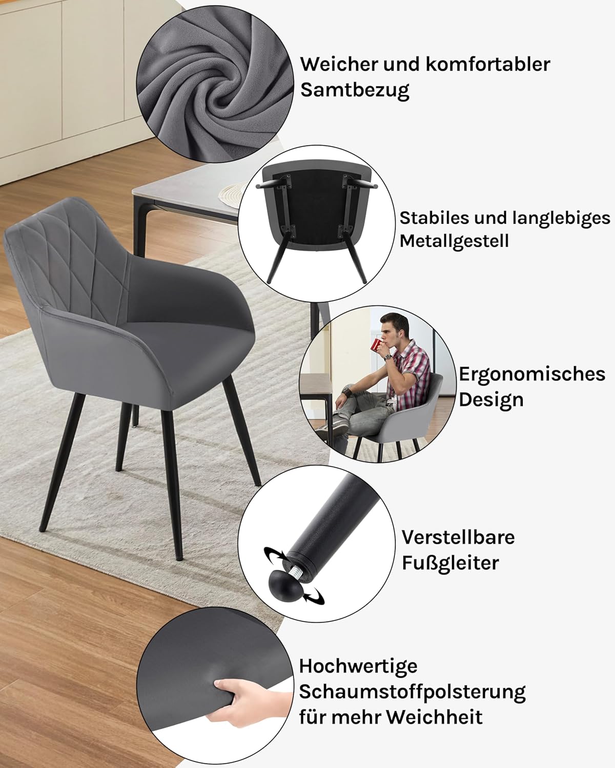 WOLTU 6er Set Esszimmerstühle mit Armlehne Rückenlehne, für Esszimmer Wohnzimmer Küche, Bequeme Küchenstühle gepolstert mit Samtbezug, Metallbeinen, Dunkelgrau
