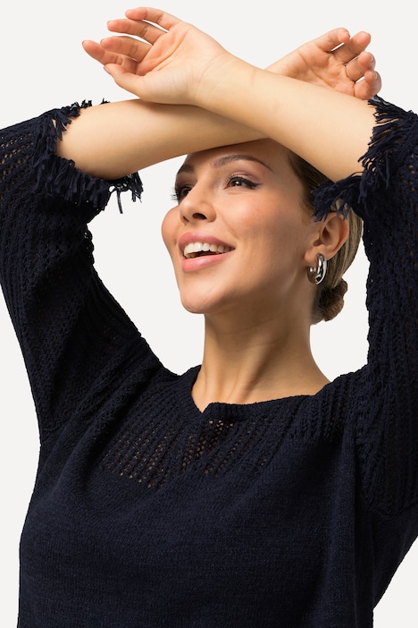 Pullover, Lochmuster, Rundhals, Fransen, 3/4-Arm