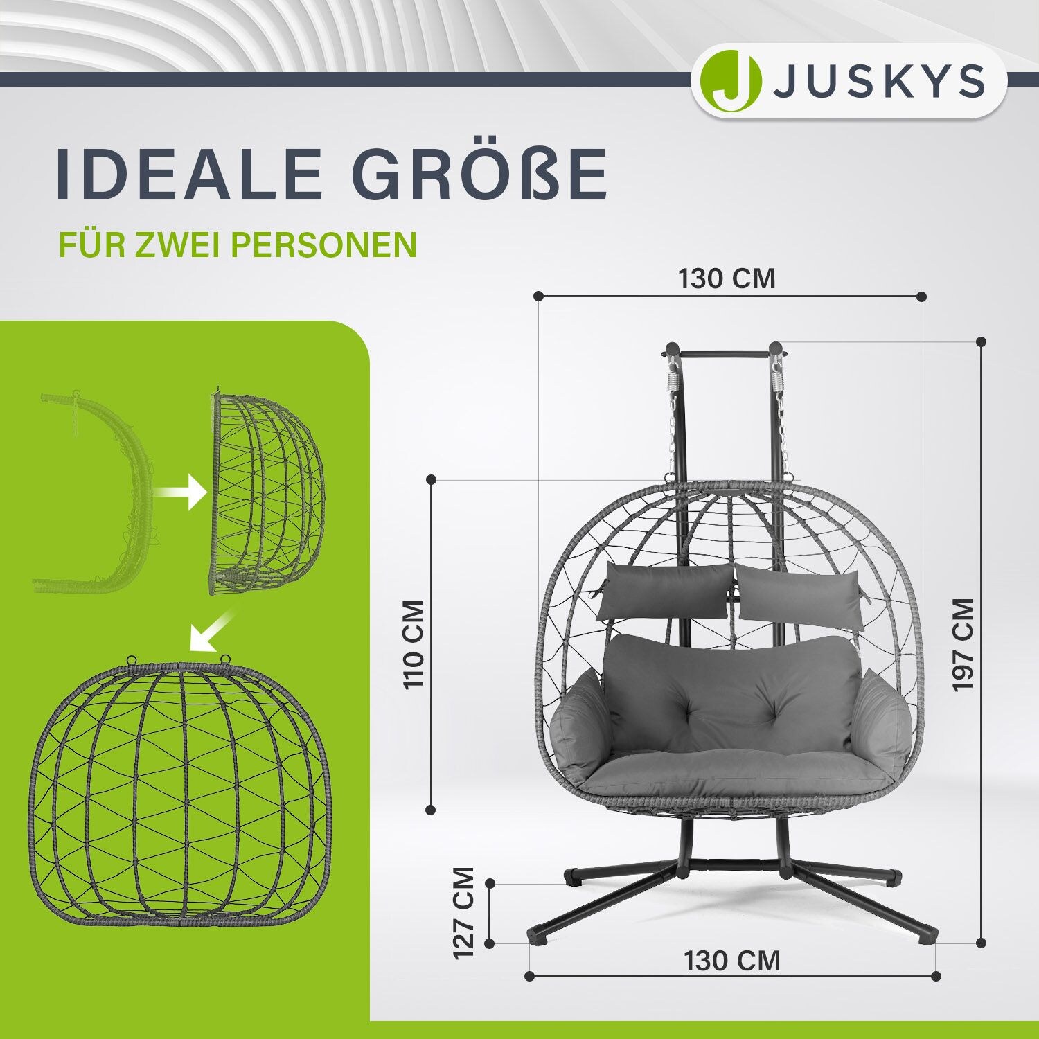 Juskys Doppelhängesessel Aria - Polyrattan Hängesessel mit Gestell & Kissen - 2 Personen - Grau