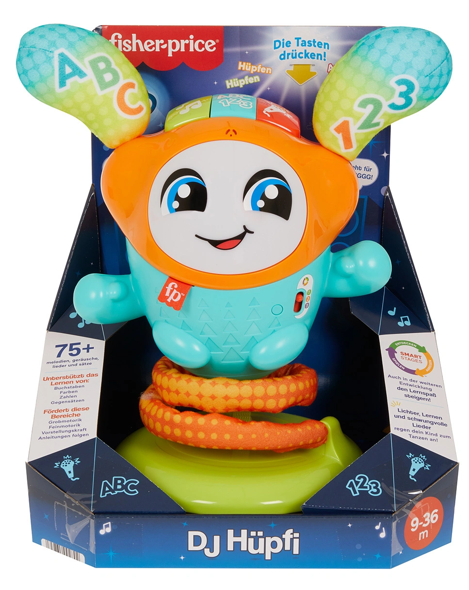 Mattel HJP94 Fisher-Price DJ Hüpfi, Lernspielzeug mit Musik für Babys, deutsch