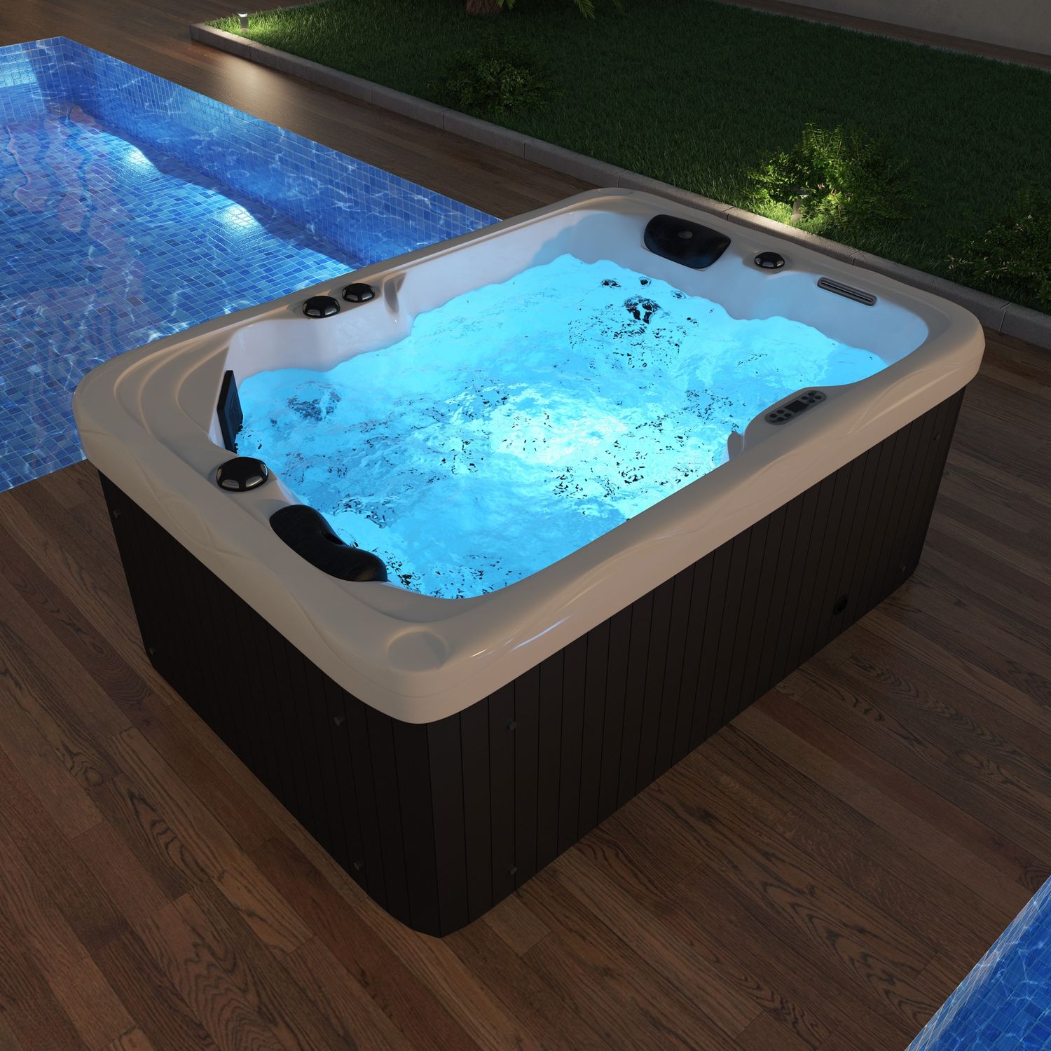 TroniTechnik® Outdoor Whirlpool LEVANZO, 2,2kW Pumpe, 3kW Heizung - 190 x 135 x 77cm - Inkl. Heizung, 41 Massagedüsen, inkl. Treppe