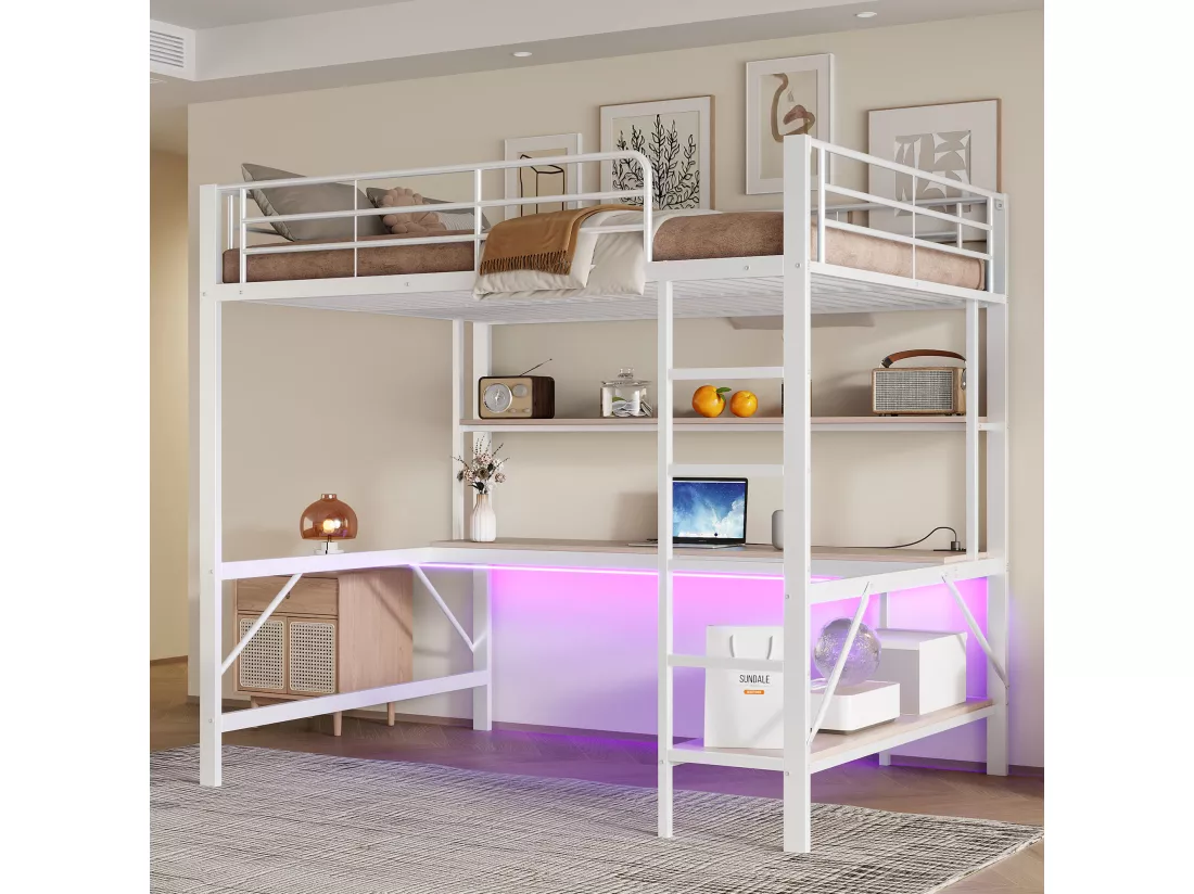 Lit mezzanine garde-corps et escabeau - 140 x 200 cm - avec USB et secteur - LED et bureau - sans matelas - métal - white