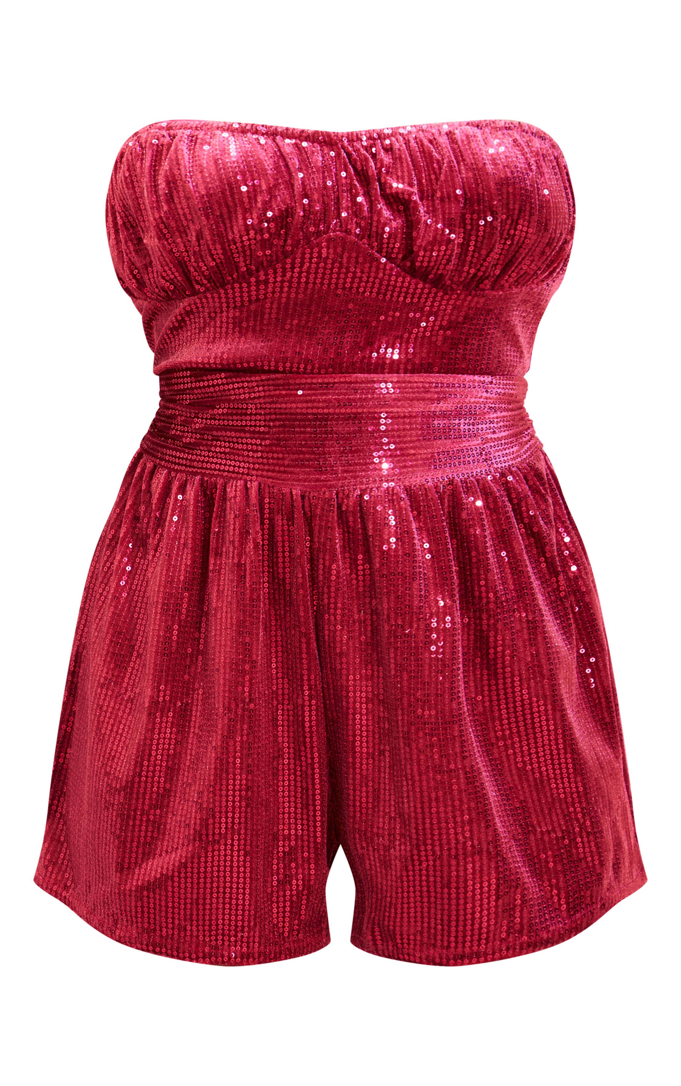 Rose Vif Combishort Bandeau En Velours À Sequins Avec Buste Froncé