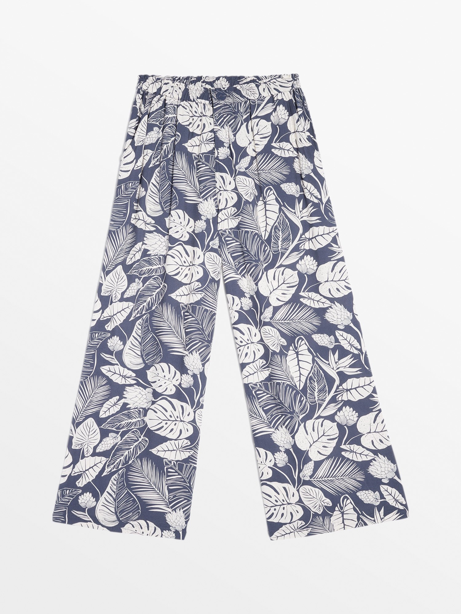 Pantalon Femme Taille Elastiquée Motif Floral Bleu