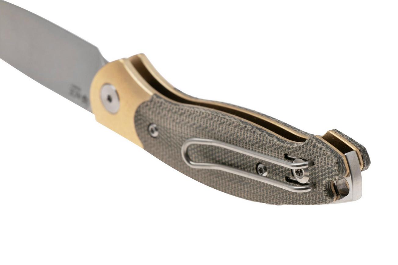 GiantMouse ACE Farley V2 BRASS-B-GRN Stonewashed Elmax, Brass Bolster, Green Micarta, zakmes, Ansø en Voxnaes design