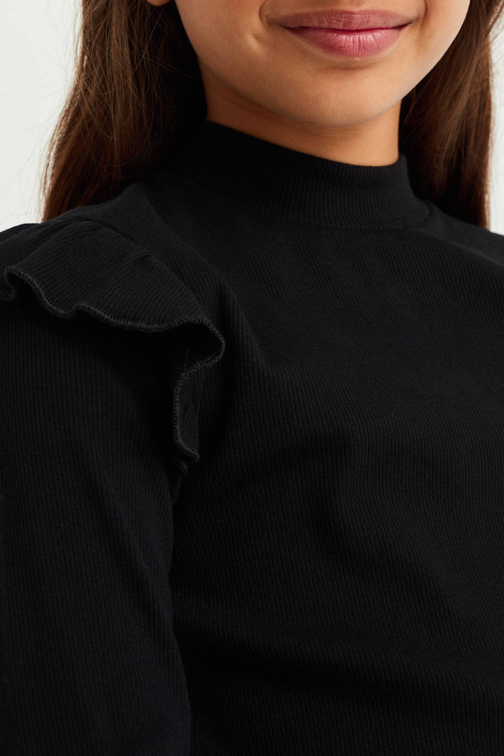WE Fashion longsleeve met ruches zwart