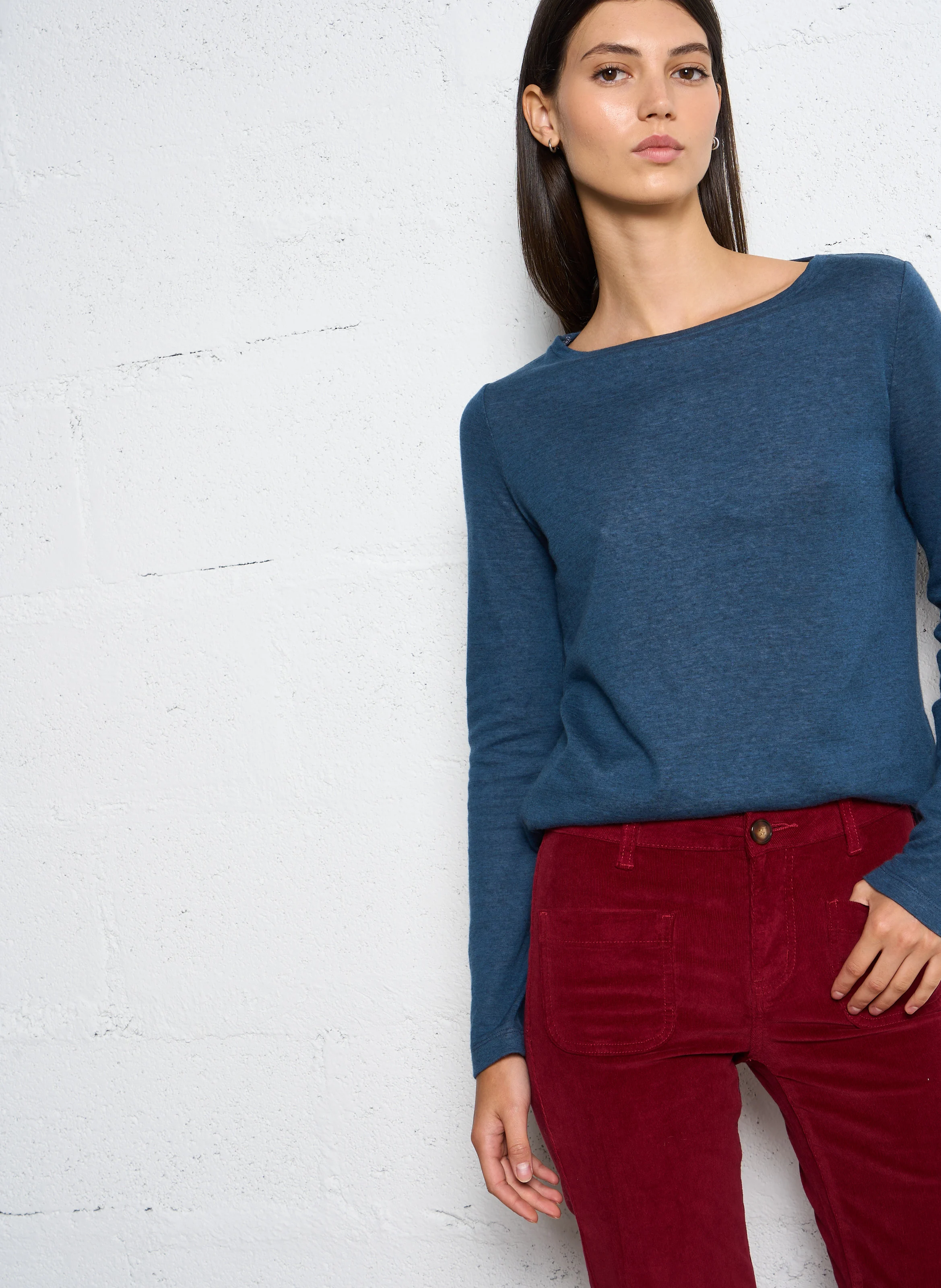 Tee-shirt droit col bateau en coton bio | Bleu