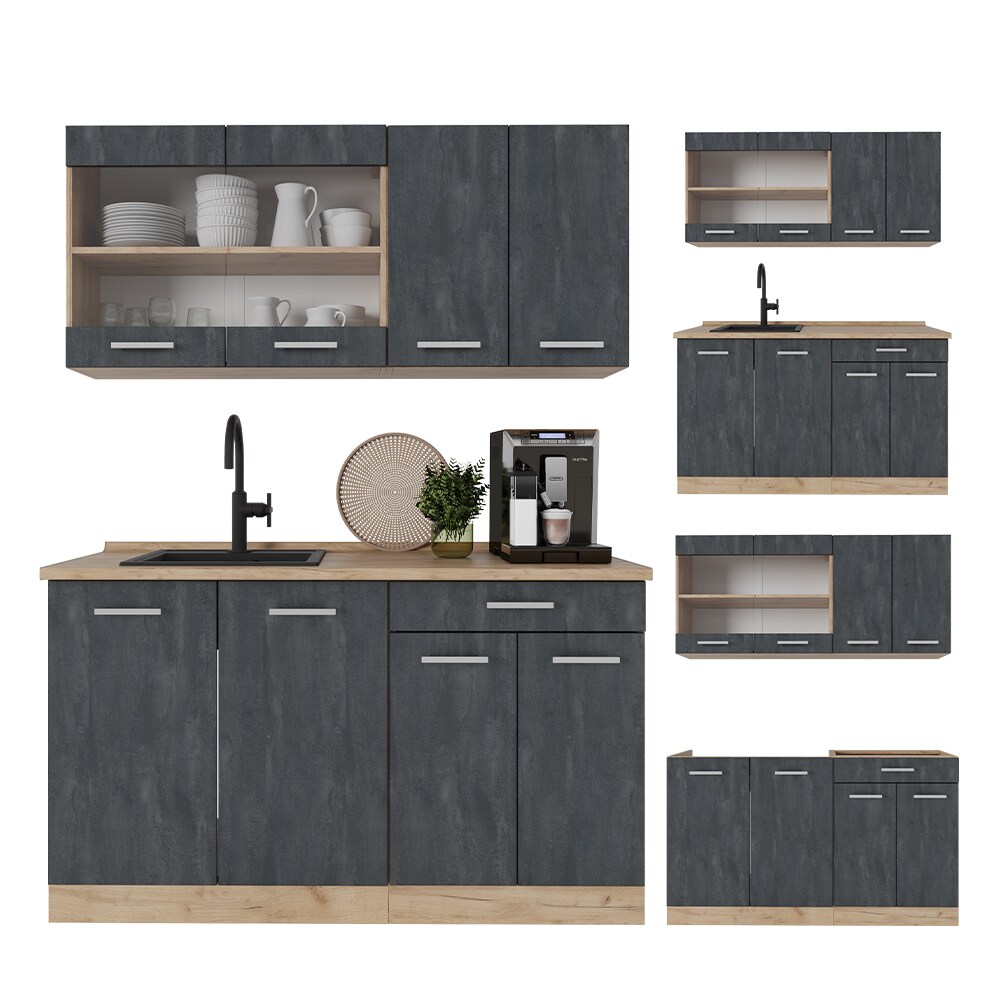 Vicco Singleküche R-Line 140 cm Schwarz Beton Eiche ohne Arbeitsplatte