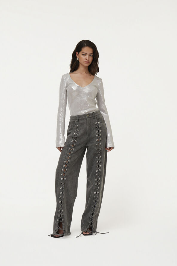 ROTATE Birger Christensen Denim Laced Leg Pants Black
