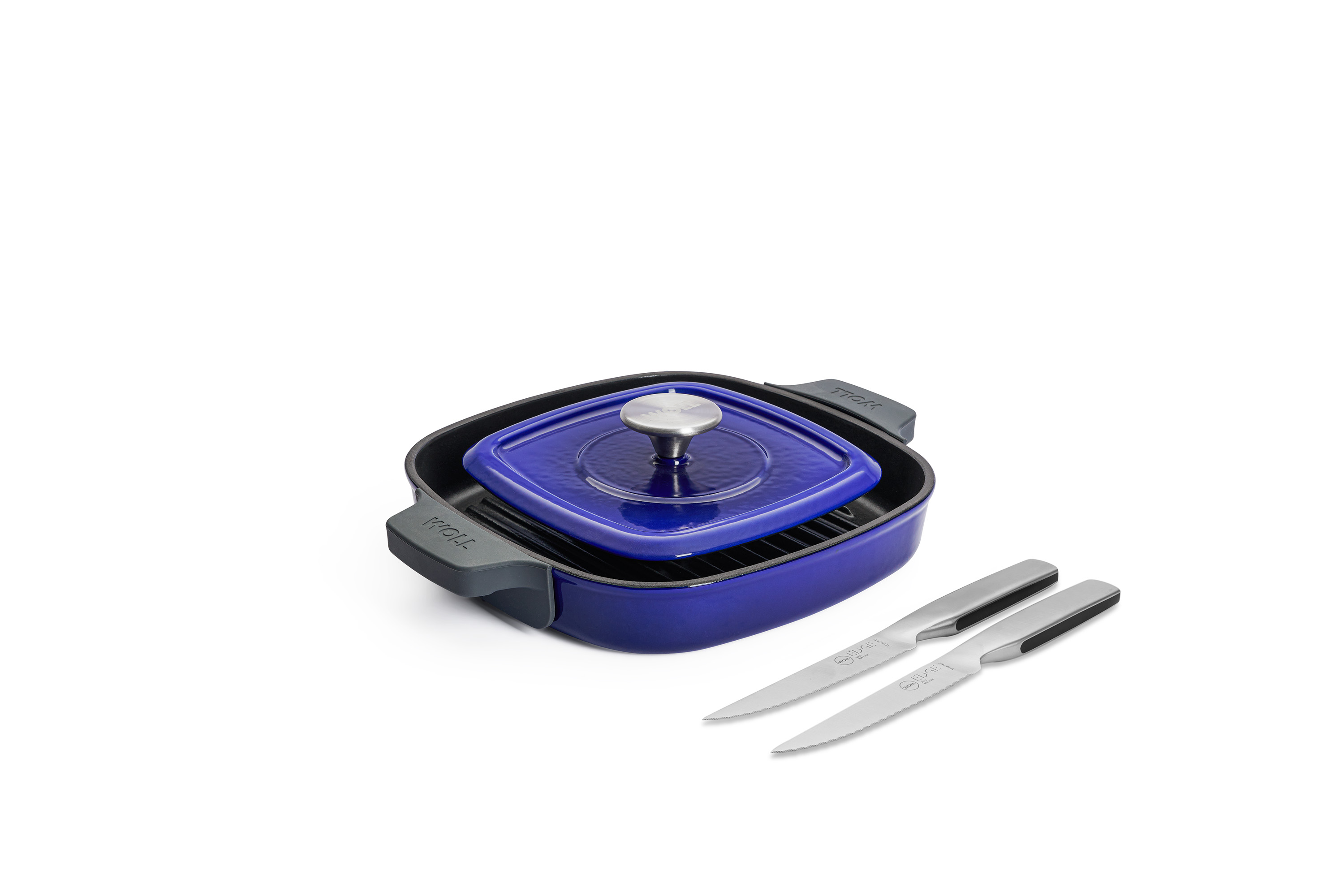 Iron Guss-Grillpfannen-Set mit 2 Steakmessern - Farbe: Cobalt Blue