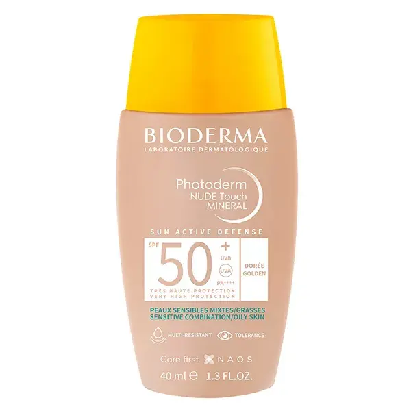 Protetor solar mineral Bioderma Photoderm Nude Touch com tom dourado FPS 50+ 40ml