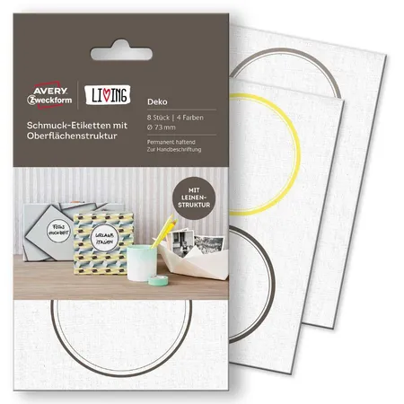 Avery Zweckform 62019 Schmuck-Etikett mit Oberflächenstruktur, Ø 73 mm, hochwertige Leinenstruktur, 4 Bogen/8 Etiketten, 4 Farben pro Packung