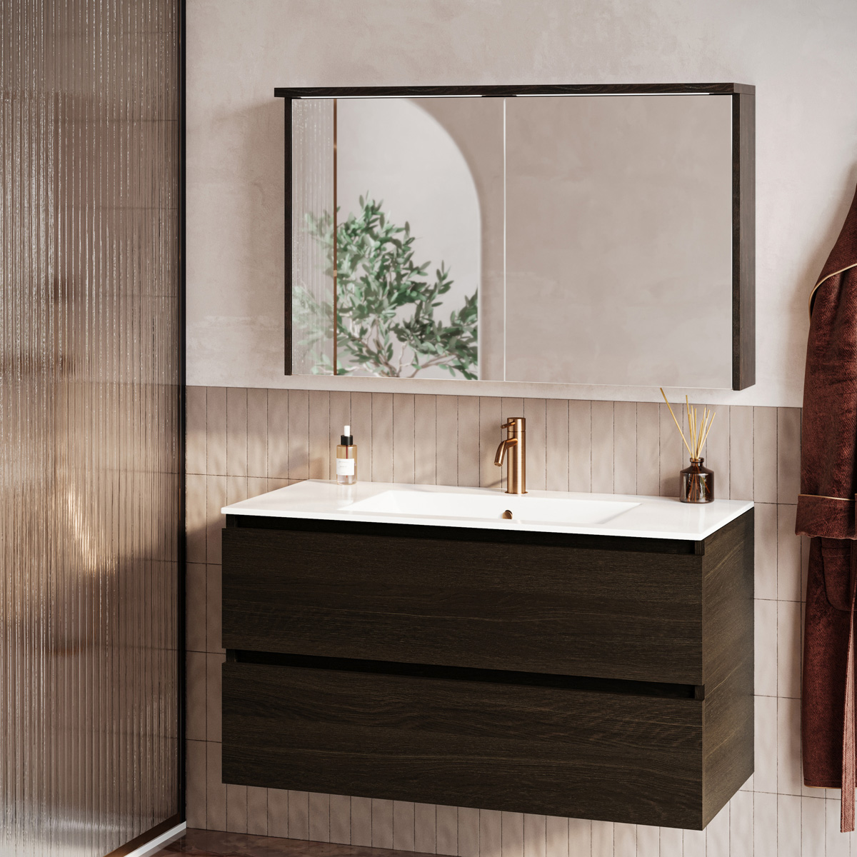 Fontana Grado spiegelkast met verlichting 100cm 2 deuren kasteel bruin