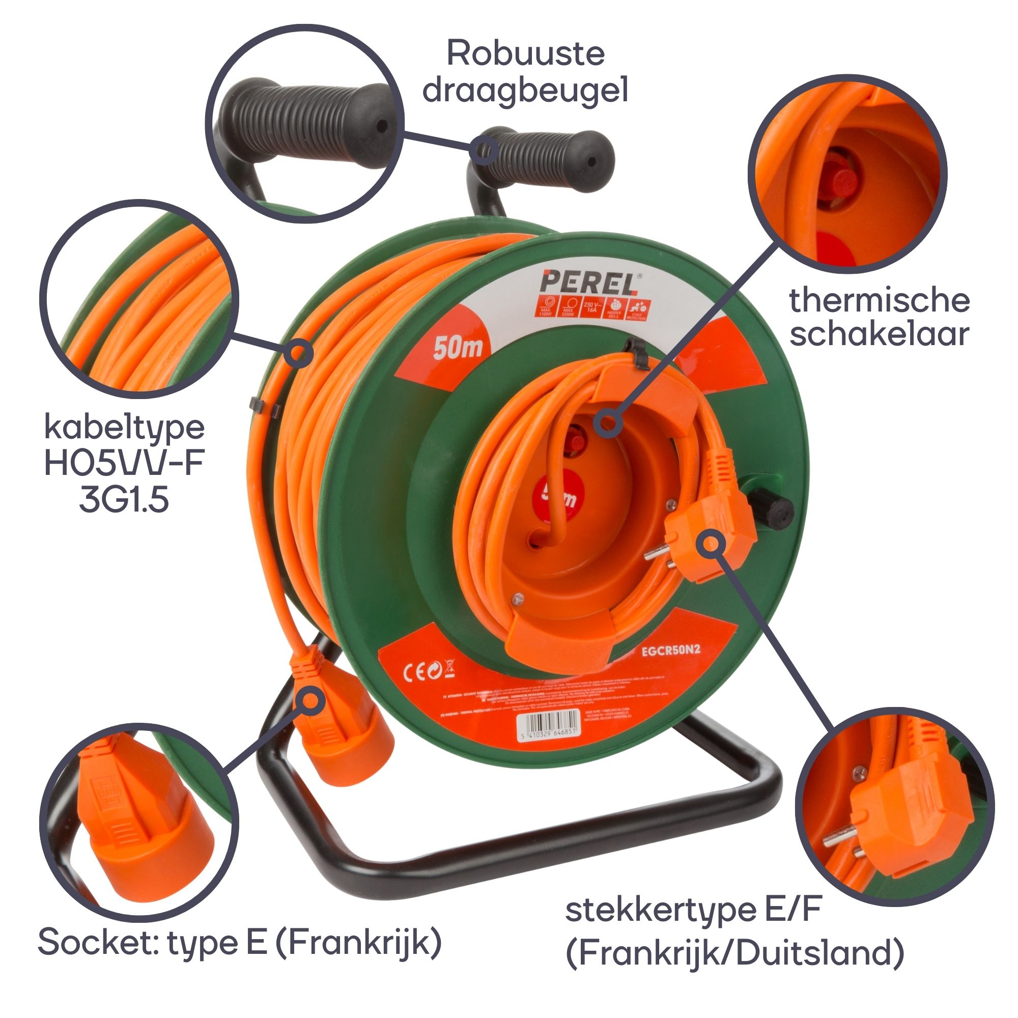 Perel EGCR50N2 1-voudige kabelhaspel - 50 meter